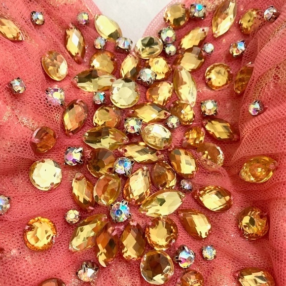 SHERRI HILL Coral Pink Embellished Tulle & Lace Full Length Gown - Picture 3 of 11